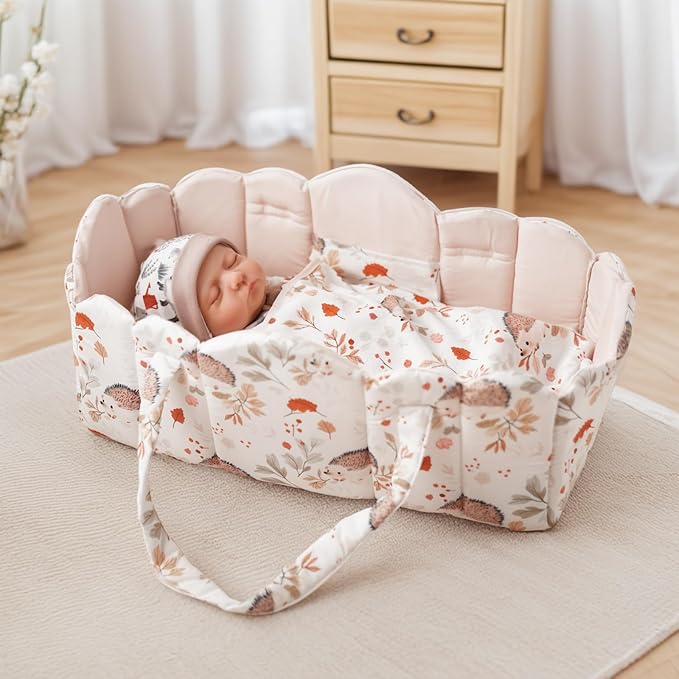 BABESIDE 3 Pcs Baby Doll Bassinet with Doll Bedding Set for 17-22 Inch Babydolls, Cute Animal Print Baby Dolls Crib with Blanket for Reborn Baby Doll Accessories, Off-White