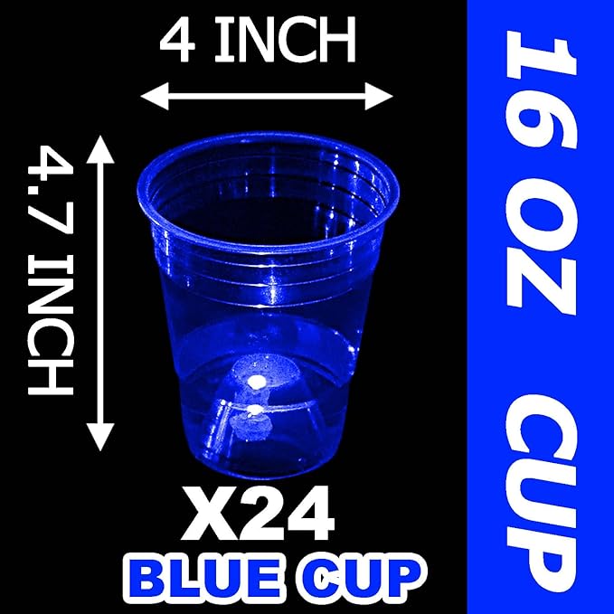 mishunyus Glow in The Dark Blue Party Cups 24 Pack (16 oz) - LED Light Up Plastic Cups for Birthday Weddings BBQ Beach Holiday Decorations, Reusable Drinking Cups for Club Events & Nighttime