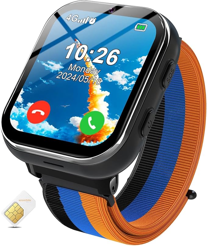 Smart Watch for Girls Boys, Kids Smartwatch with 4G SIM Card, Smart Watch for Kids Touch Screen SOS Emergency Call Calculator Clock Camera Games Music Player, Toys Gifts for Ages 4-12 (Black)