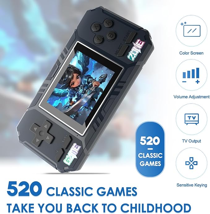 JKV Handheld Game Consoles - 520 Retro Classic Video Games, 1020mAh Rechargeable Battery 2.8" HD Screen, Portable Travel Games Mini Arcade Pocket Player, Support TV, Present for Kids & Adults (Blue)