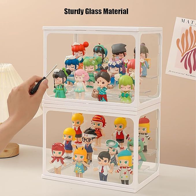 Large Glass Display Case for Figures with Light 3 Tier Clear Display Stand for Collectibles Stackable Assemble Display Box for Action Figures Toys Dustproof Clear Storage Box Showcase for Pop Mart