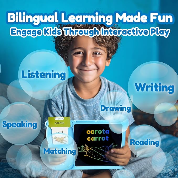 Drawing Tablet with Bilingual Flashcards for Kids - Italian English Talking Flash Cards, LCD Writing Pad Board, Pocket Speech for Toddlers, Learning Toy Gift for Boys Girls (Italian, Blue)