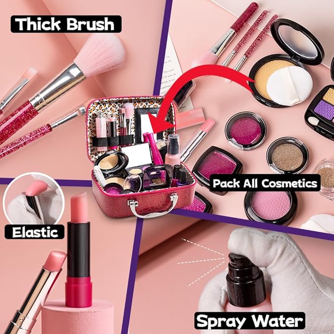 Pretend Makeup Toy Sets for Girls Age 3-8,Toddler Makeup Kit for Play Vanity Set, Washable Fake Cosmetic Dress Up Toys, Princess Style Beauty Accessories Gift for 3-12 Year Old Kids