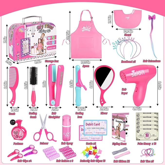 Gifts2U Hair Salon Toys for Girls, Girl Beauty Salon Playset Pretend Hair Styling Set with Blow Dryer, Barber Costume Apron, Scissors Styling Manu, Fake Money and Functional Stylist Accessories.