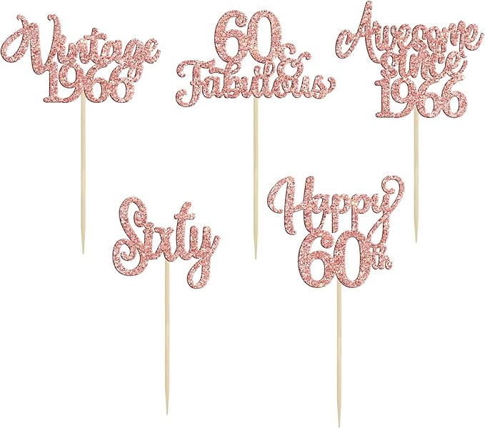 30Pcs Vintage 1966 Cupcake Toppers Glitter Sixty 60 Fabulous Happy 60th Birthday Cupcake Picks Cheers to 60 Years for 60th Birthday Anniversary Party Cake Decorations Supplies Rose Gold