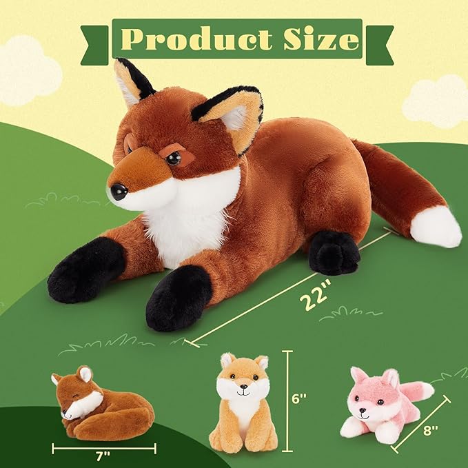 4Pcs Fox Stuffed Animal Set, Large Mommy Red Fox Plush 22 Inch with 3 Baby Foxes in Her Zippered Tummy, Christmas Plushie Toy Gift for Girls and Kids