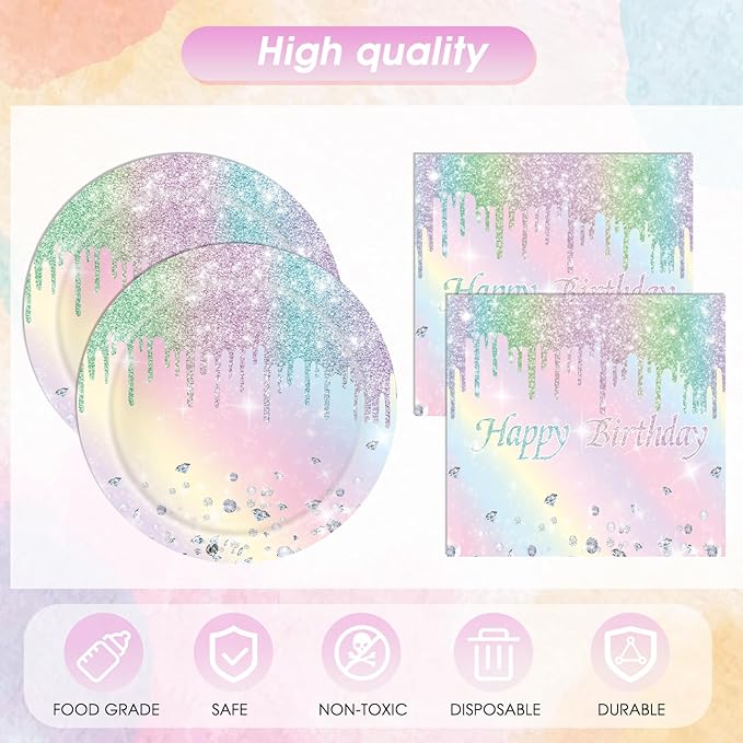 41Pcs Pastel Birthday Decorations Pastel Rainbow Tableware Set Disposable Paper Plates,Napkins,Tablecloth丨Rainbow Birthday Decorations for Girls,Baby Shower,Bridal Wedding Party Supplies,Serve 20
