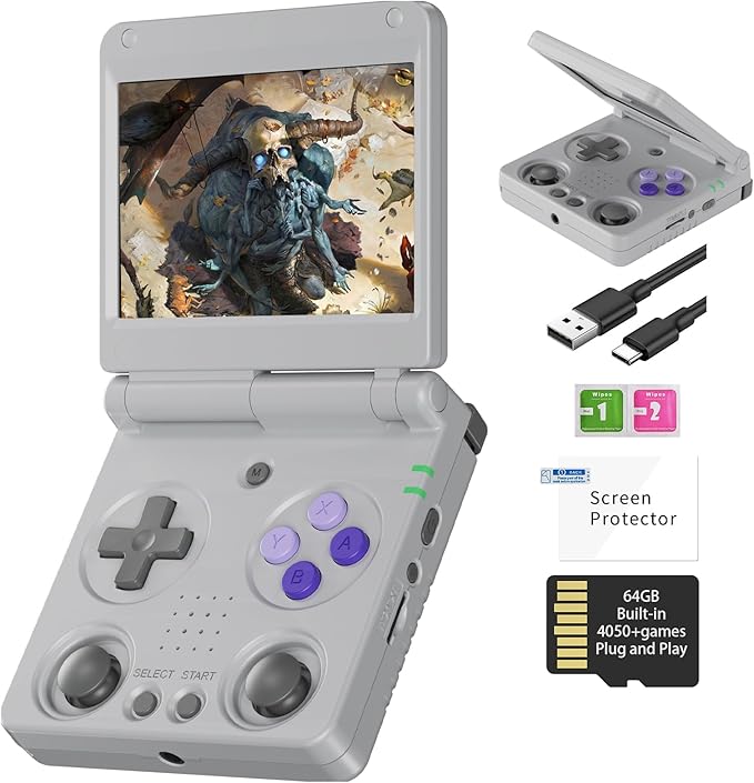 RG34XXSP Retro Handheld Game Console Linux 3.4 inch IPS Screen 720*480 5000+ Classic Games 64G Card RG 34XXSP Retro Gaming Console Handheld 3300mAh Battery Compatible with WiFi HDMI Bluetooth Grey