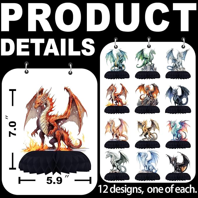 12 Pack Dragon Table Decorations - Dragon Party Decorations for Kids' Birthday and Themed Events - Dragon Table Toppers