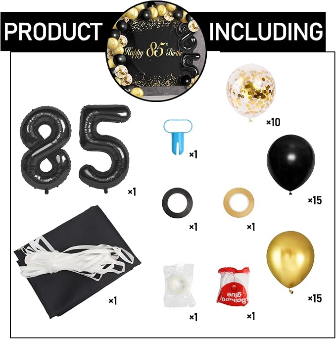 Happy 85th Birthday Balloons Black Set Decor - Cheers to 85 Years Old Party Theme Garland Banner Backdrop Decorations For Women and Men Supplies