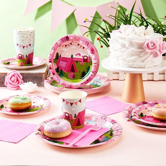 Zubebe 120 Pcs Pink Camping Party Supplies for 24 Guests: 48 Plates, 24 Cups, 24 Napkins, 24 Forks - Camping Theme, Disposable, Lightweight