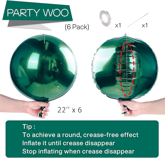 PartyWoo Dark Green Foil Balloons 6pcs 22 Inch Large Round Foil Big Giant 4D Jumbo Inflatable Mirror Ball Mylar Balloons for Baby Shower Wedding Safari Dinosaur Woodland Themed Party Decorations