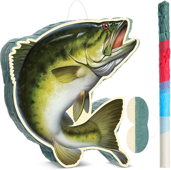 Aoriher Fishing Birthday Party Decorations Fish Piñata Fish Shaped Piñata with Blindfold and Stick for Summer Under The Sea Fishing Game Birthday Retirement Barbecue Party Supplies Decoration(Bass)