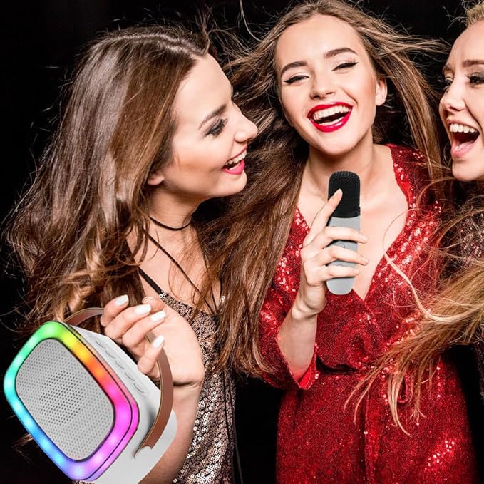 IQ Sound IQ-908K Mini Karaoke Bluetooth Speaker with Wireless Microphone, RGB Lights Surround, Fun Voice Changing in Rechargeable Compact, and Portable Design Ideal Gifts for Kids and Adults (White)