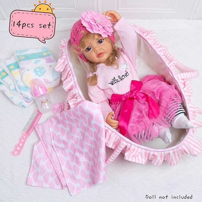 PEDOLLTREE 14 Pcs Reborn Baby Dolls Clothes Accessories Outfit with Pink Heart Bassinet and Blanket for 17-22 Inch Reborn Dolls Newborn Baby Girl