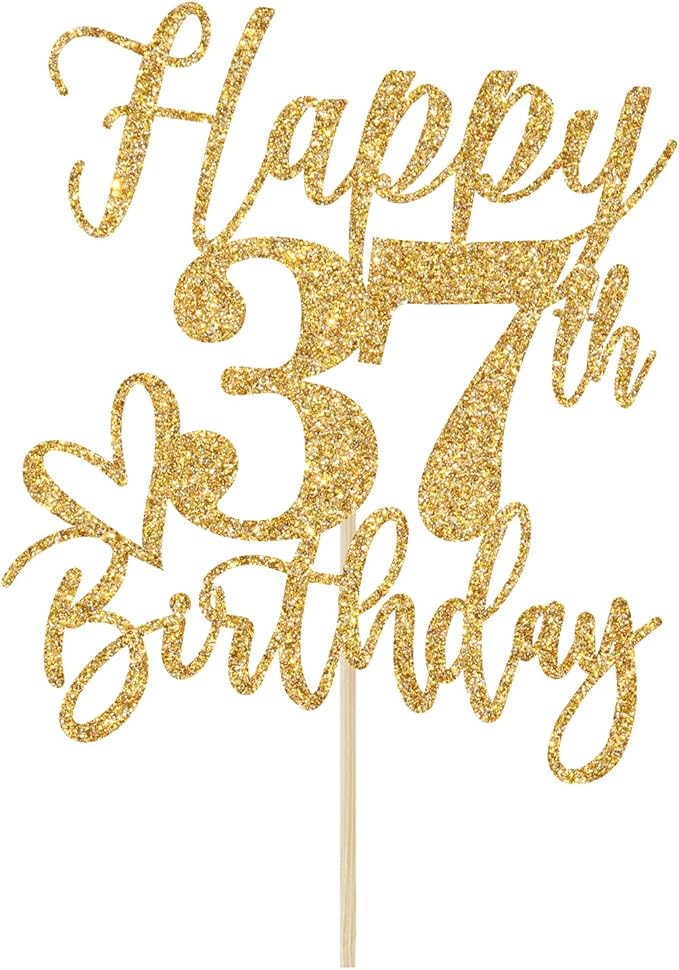 Happy 37th Birthday Cake Topper, 37th Birthday Decorations, Cheers to 37 Years, 37 Happy Birthday Party Supplies Gold Glitter