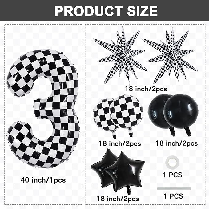 TONIFUL 40 Inch Checkered 3rd Birthday Balloons Set Number 3 Race Car Black Black White Checkered Round Explosion Star Balloons Boys Race Car Themed Birthday Party Decoraction