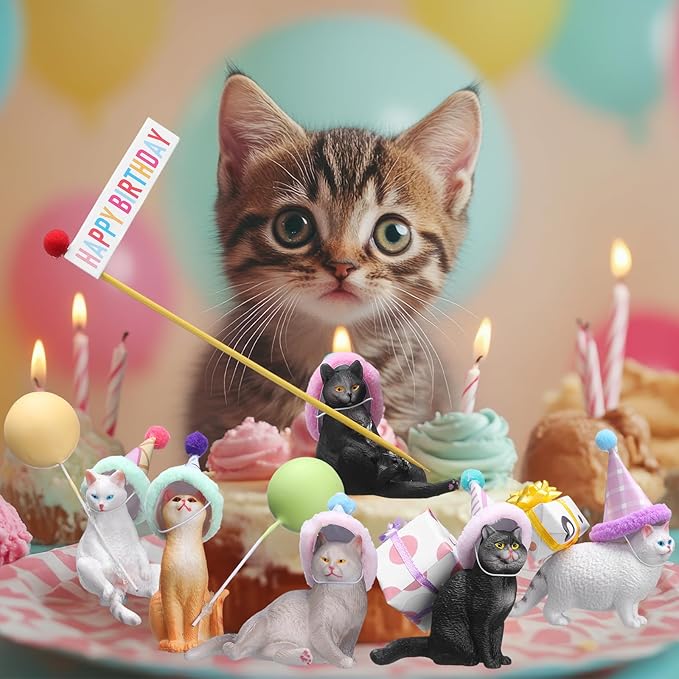 Weysat 37 Pcs Cat Birthday Party Decorations, Cat Cake Cupcake Toppers with Mini Hats Miniature Flags Gift Boxes Balls Figure Models for Kitty Birthday Party Supplies Adults