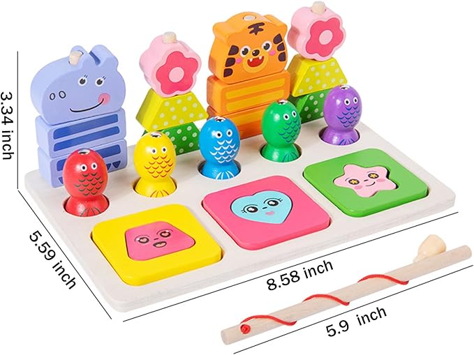 Wooden Montessori Toys for 3 Year Old，Shape Sorter Stacking Games, Fishing Games Preschool Learning Educational Toys for Boys Girls Toddlers (Animal)