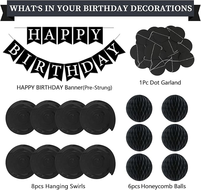 Black Birthday Decorations Kit - 16-Piece Set with Pre-Strung Happy Birthday Banner, Honeycomb Balls, Garland & Swirls | Black Theme Party Supplies for Men Women Girls Kids, Teens Adults