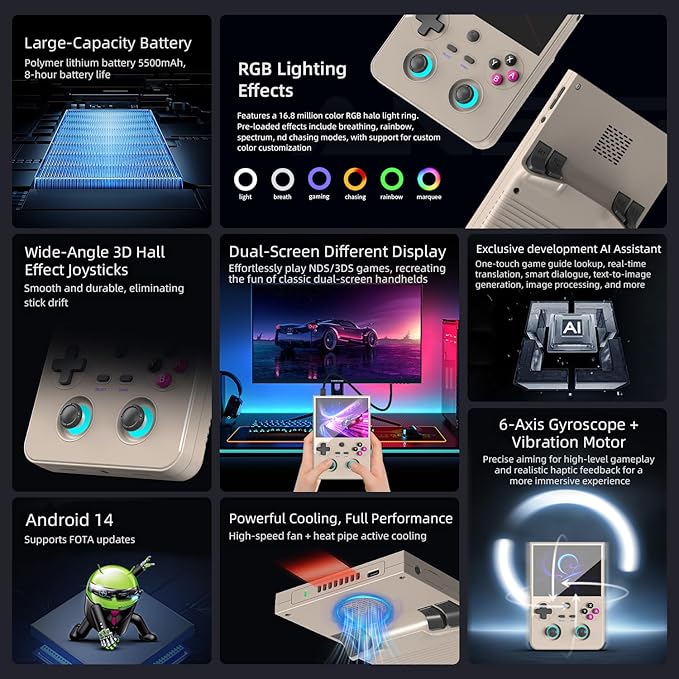 Anbernic RG477V Retro Handheld Game Console , 4.7 Inch Touch Screen Android 14 System Support WiFi 6E Bluetooth 5.3 Dimensity 8300 Processor 8+128GB(Gray)