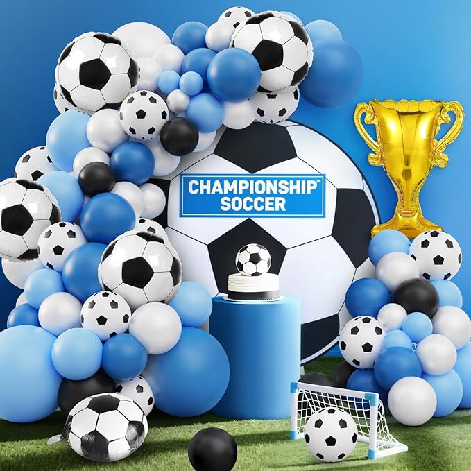 Soccer Balloon Garland Arch Kit, 103Pcs 18 12 10 5inch Blue White Soccer Balloons with 18inch Football Foil Balloons for Sports Theme Soccer Party Decorations
