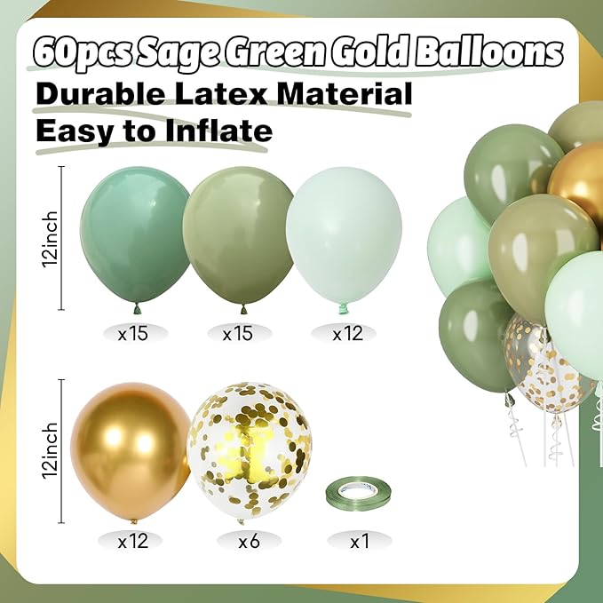 Green and Gold Balloons Sage Green Gold Confetti Balloons for Jungle Safari Party Lion Birthday Decorations Retro Olive Balloons for Arch 60PCS 12INCH Pastel Green Latex Helium Balloon Wild Animal