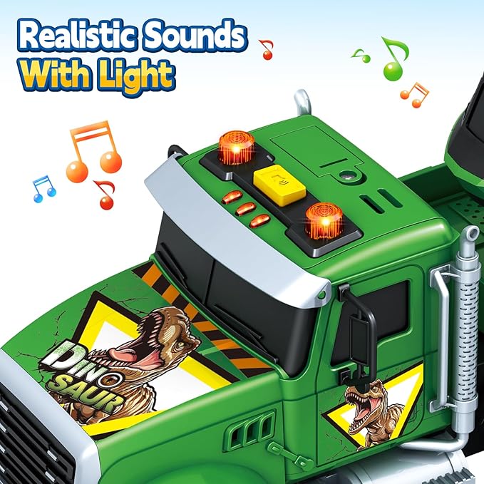 Toddler Boy Toys for 3 4 5 6 7 Years Kids, 21" Semi Flatbed Truck Toy with a Dinosaure Truck, Friction Powered Vehicles Toys with Lights and Sounds, Birthday for Boy Girls