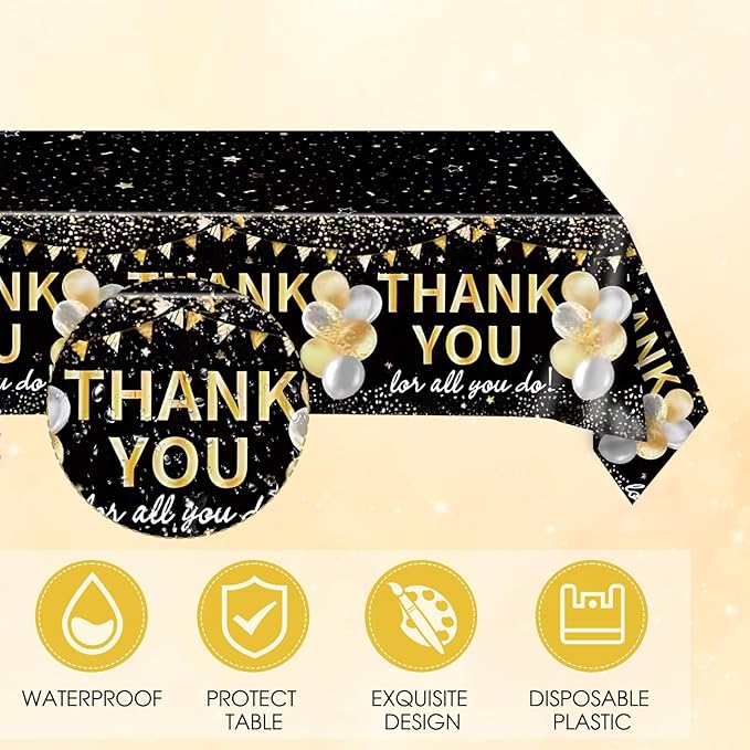 41Pcs Black Gold Thank You Decorations Thank You for All You Do Tableware Disposable Paper Plates Napkins Tablecloth丨Teacher Employee Staff Doctors Nurse Pastor Appreciation Week Party Decor