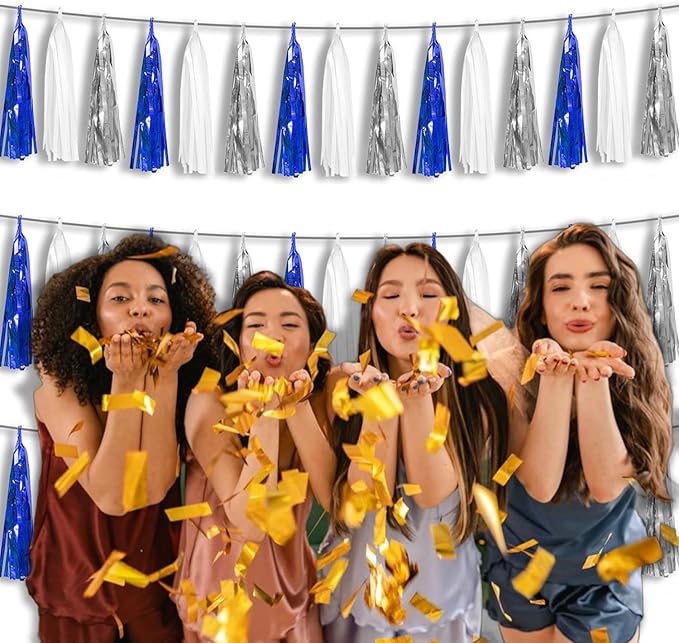 3P Metallic Fringe Tassel Banner Garland Foil Tinsel Streamer Wall Hanging Curtain Backdrop Banner for Parade Floats, Graduation Decorations, Retirement Party Decorations(Navy Blue White Silver)