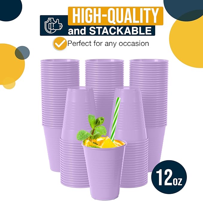 Exquisite Party Solids 12 Oz Lavender Plastic Cups For Party Supplies 50 Pack | Lavender Disposable Cups Plastic | Disposable Drinkware For Parties, Events & Everyday