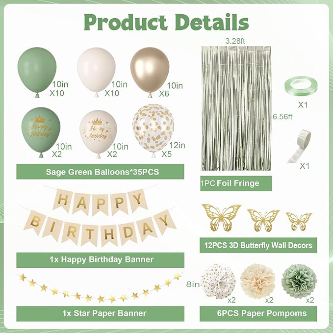 Sage Green Birthday Decorations for Women Girls, Green Sand Gold Confetti Metallic Printed Balloons Butterfly Stickers Fringe Curtain Happy Birthday Banner Star Garland Paper Pompoms Party Supplies