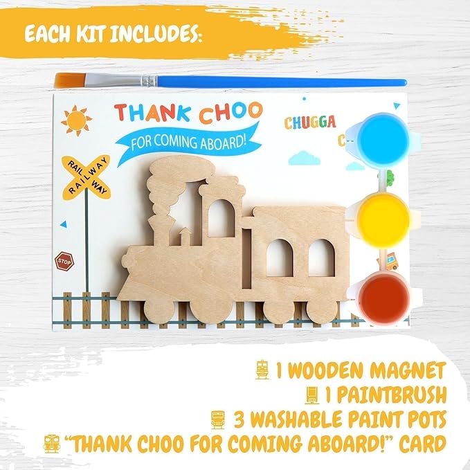12 Pack Pre-Packaged Train Party Favors, Wooden Train Painting Kits, Choo Choo 2nd Birthday Decorations, Toddler Party Favors & Goodie Bag Stuffers for Kids 3-5