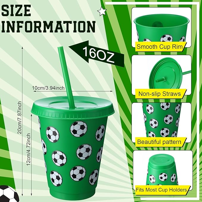 Sieral 30 Pcs Soccer Cups with Straws and Lids 16 oz Soccer Cups White Green Plastic Tumblers Reusable Iced Coffee Travel Mug for Sport Theme Party Supplies Decorations