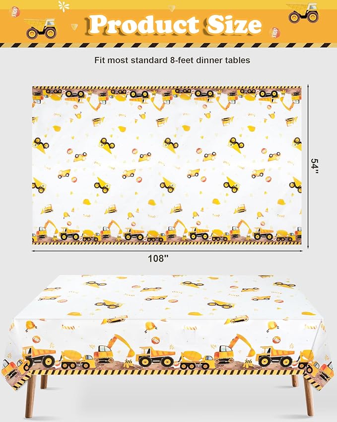 3PCS Construction Plastic Birthday Party Tablecloths,Dump Truck Themed Table Cover for Kids Boy Construction Birthday Party Supplies Tables Decorations, 54 x 108inch