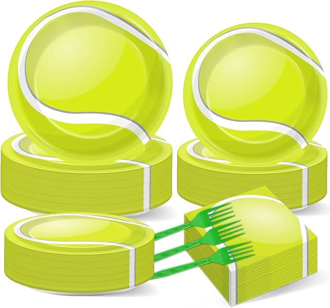 Qyeahkj 50 Guests Tennis Plates and Napkins Party Supplies Tennis Ball Birthday Party Decorations Disposable Tableware Set Sports Dinnerware Favor for Kids Baby Shower Decorations, 200PCS
