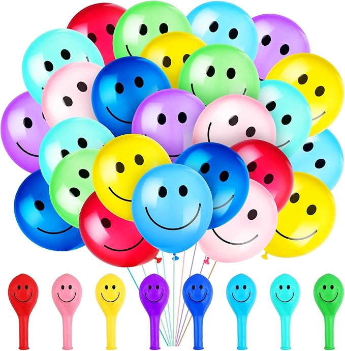 Sratte 50 Pcs Happy Smile Balloons for Birthday Party 12'' Latex Smile Face Colorful Naughty Balloons Party for Baby Shower Wedding Decoration Festive Supplies (Assorted Color)