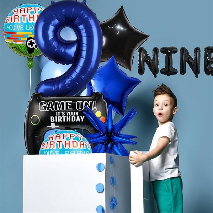 12pcs Video Game Themed Party Decorations, Number 9th Boys Birthday Party Supplies, Navy Blue Video Game Controller Mylar Foil Balloon, Video Game star Party Decoration Supplies