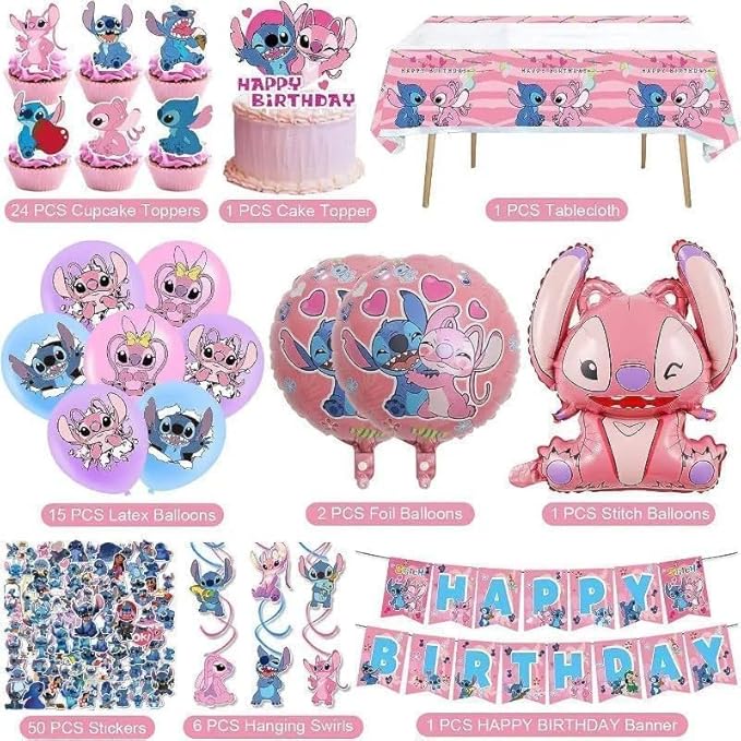 101PCS Stitch Party Supplies, Birthday Decorations Set Include Banner, Balloons, Stickers, Hanging Swirls, Cake Cupcake Toppers, Tablecloth for Girls Pink Stitch Theme Party