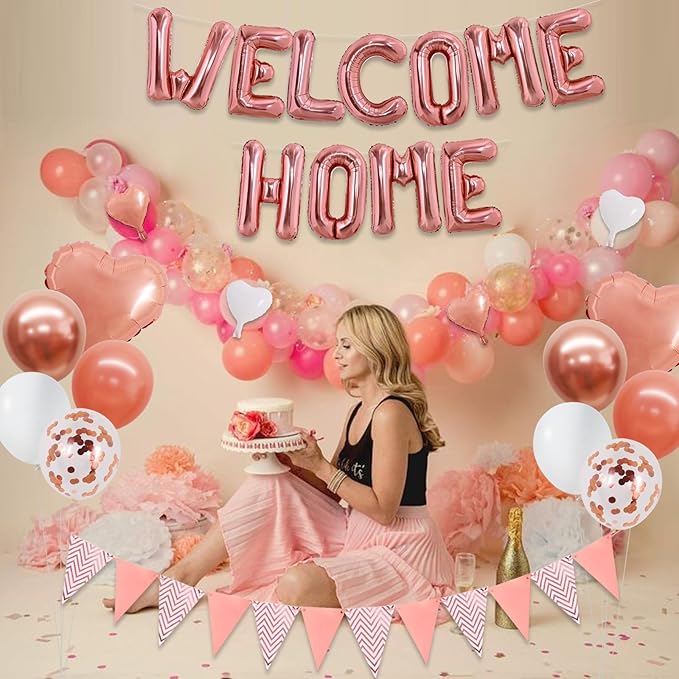 TONIFUL Welcome Home Decorations,16 Inch Rose Gold Welcome Home Foil Balloon Banner Rose Gold Confetti Balloons Pennant Flag Bunting for Homecoming Party House Warming Party Family Gathering Supplies