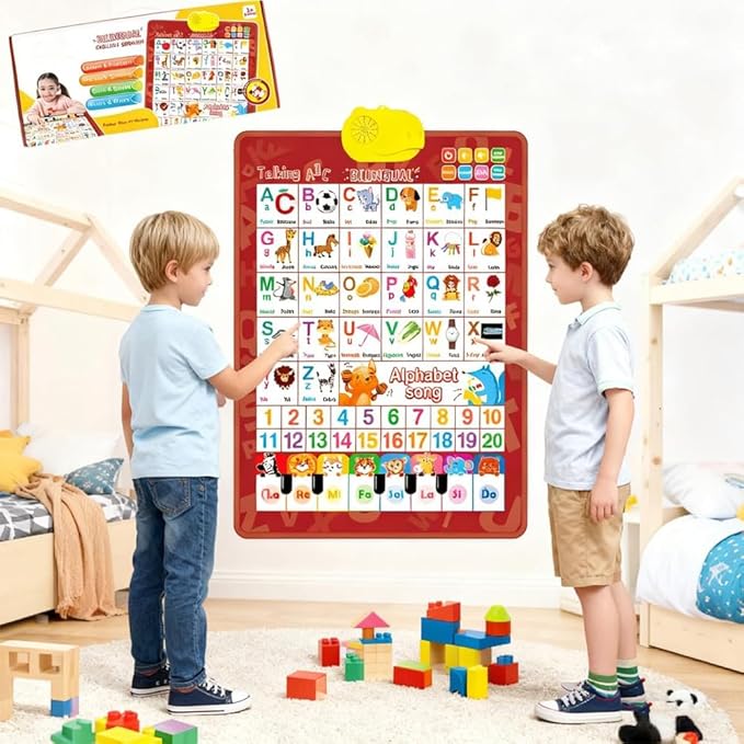 Bilingual Interactive Wall Chart for Kids – English & Spanish ABC Song Poster with Sound Effects, Alphabet, Numbers, Animal Words & Piano for Toddlers 1-6 (Red)