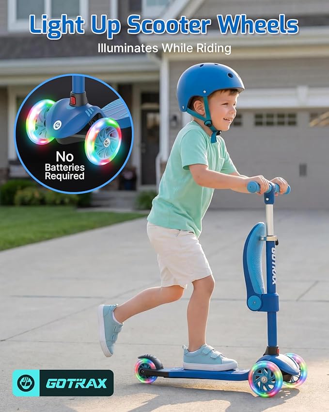 Gotrax KS3 Kids Kick Scooter, LED Lighted Wheels, Adjustable Height Handlebars and Removable Seat, Lean-to-Steer & Widen Anti-Slip Deck, 3 Wheel Scooter for Kids Ages 2-8 and up to 110 Lbs