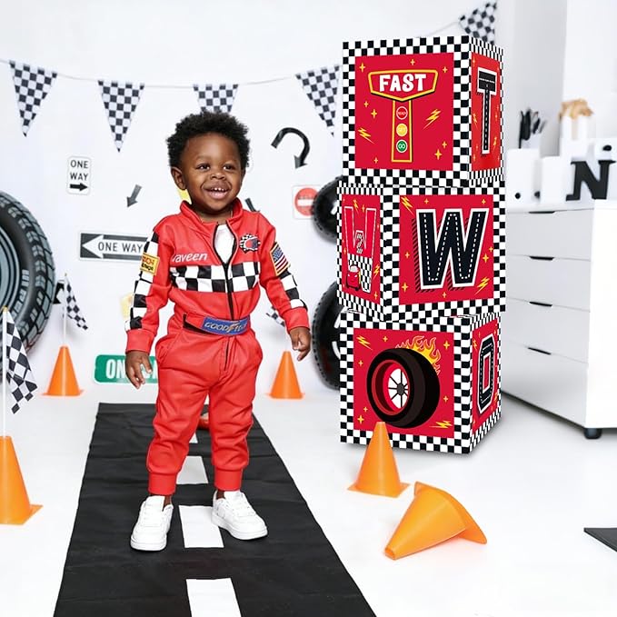 TONIFUL Race Car 2nd Birthday Party Supplies Red Yellow Black Balloon Box with Letters，Fast Two Theme Two Years Old Birthday Party Favors for Kids Baby Shower Second Birthday Decoration