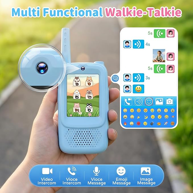Video Walkie Talkies for Kids, 2 Pack Rechargeable Video Intercom Kids Walkies Talkies with Camera, Indoor Outdoor Toys for Family Games, Garden, Camping, Hiking, Gifts for Boys Girls Ages 3-12, Blue