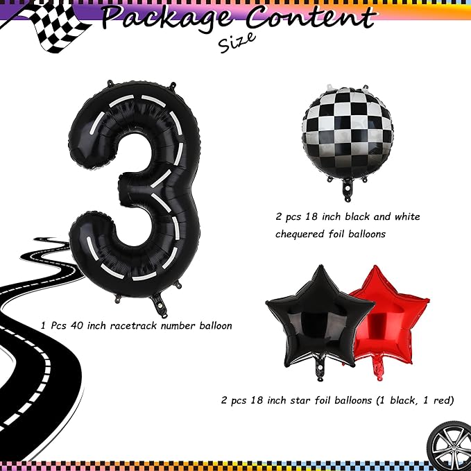 Race Car Birthday Balloons 40 Inch Racetrack Number Balloon 3 Black Boys 3st Birthday Race Car Theme Party Decor Supplies 5 Pcs Mylar Helium Balloon