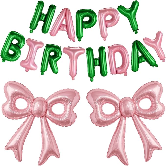 Pink and Green Happy Birthday Balloons, 31”Huge Pink Bow Aluminum Foil Balloons for Girl Woman Birthday Princess Bachelorette Witch Party Decorations Supplies