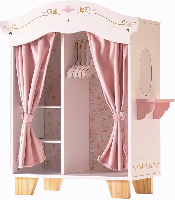 ROBUD Wooden Play Armoire Closet for Dolls, Doll Closet Furniture Wardrobe with 5 Hangers, Mirror, Velvet Curtains, Fits 16–20 Inch Dolls & Doll Clothes, Gift for Boys & Girls Ages 3+