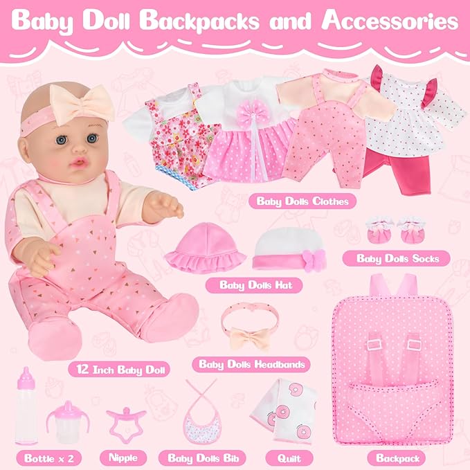 12'' Baby Doll Playset with 4 Outfits Backpack, 12 Inch Realistic Baby Dolls with Clothes Backpack and 2 Bottles Bib Quilt Nipple Socks, Pretend Play Baby Doll Gift for Toddlers Girls Age 3+