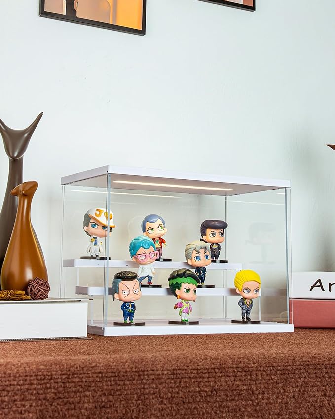 Clear Acrylic Display Case with Light , 3 Tier Display Box Stand Assembly Dustproof Protection Showcase for Collectibles Action Figures (White 12.6×7×9in; 32×18×23cm)