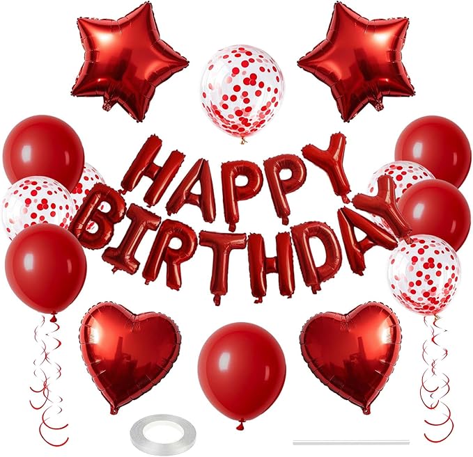 27 Pcs Red Birthday Decorations, 3D Foil Red Happy Birthday Balloon Banner, Pentagram Heart Foil Balloons Confetti Balloons Kit For Boys Girls Birthday Party Supplies